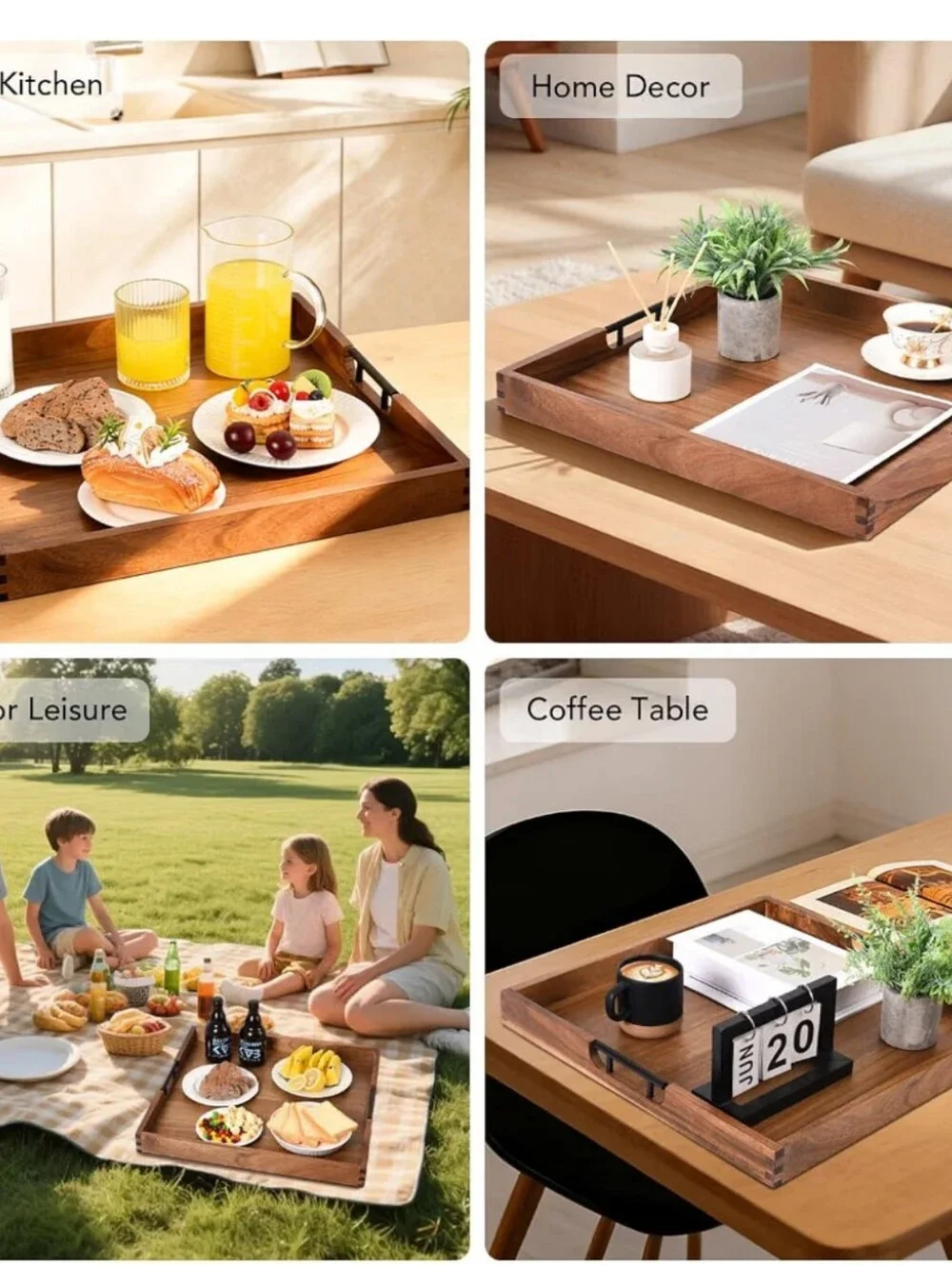 Classic Acacia Wood Serving Tray with Built-In Side Handles - size 20 x 20
